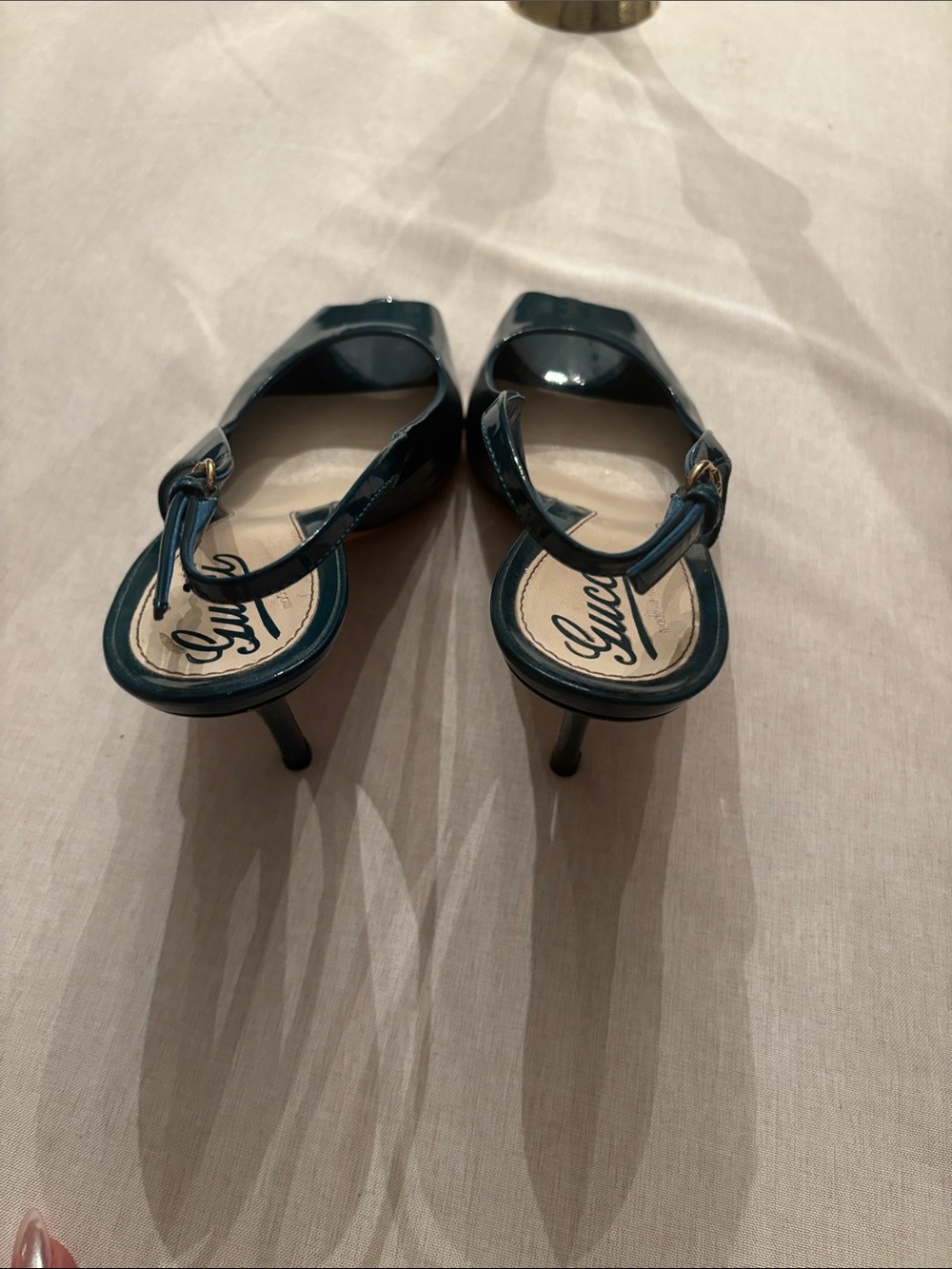 Gucci Teal Patent Peep-Toe Slingback Heels - Picture 5 of 8